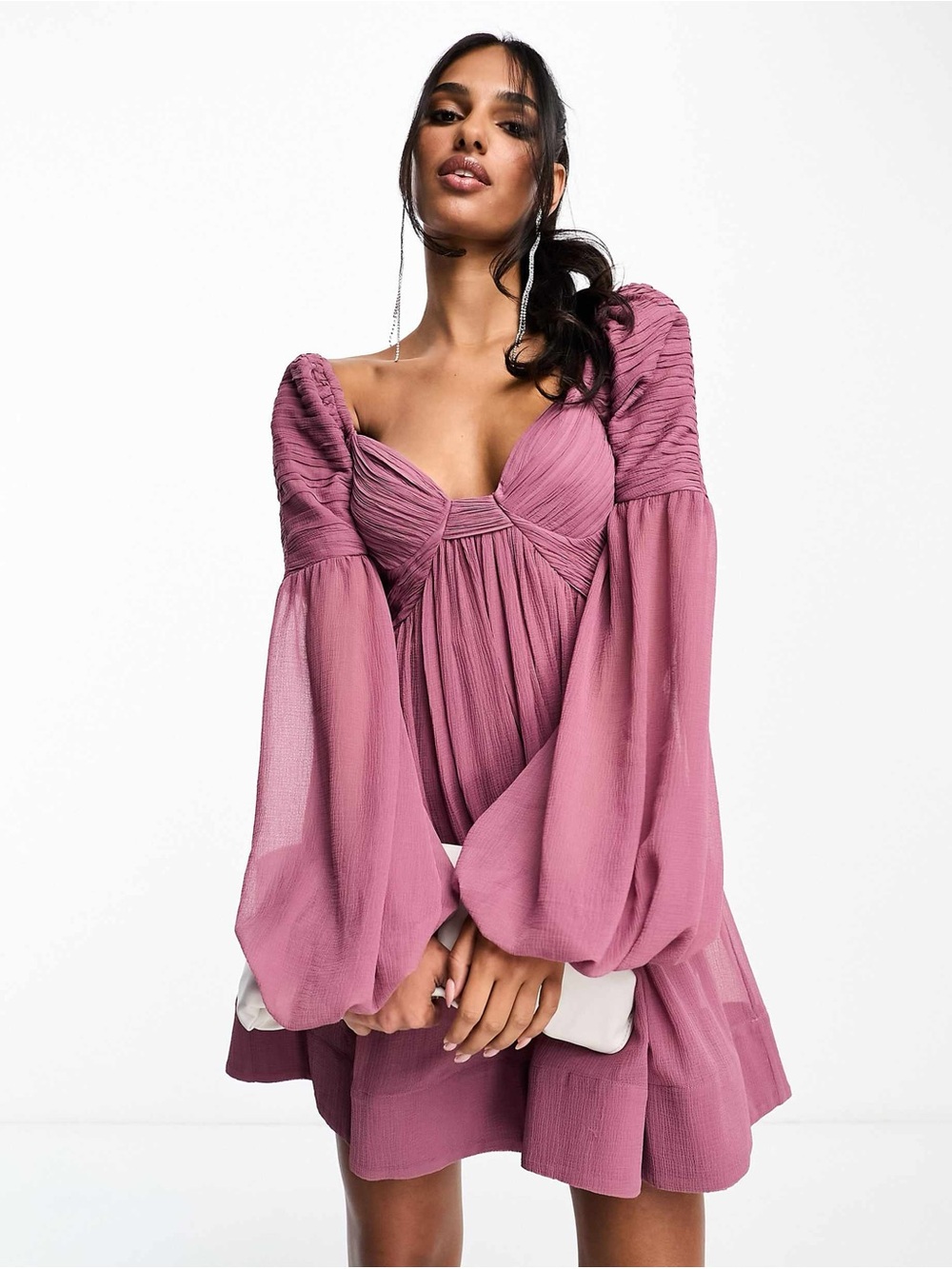 ASOS DESIGN ruched long sleeve mini babydoll dress in purple